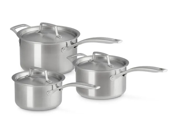  Le Creuset Set Of 3 Stainless Steel Saucepans 