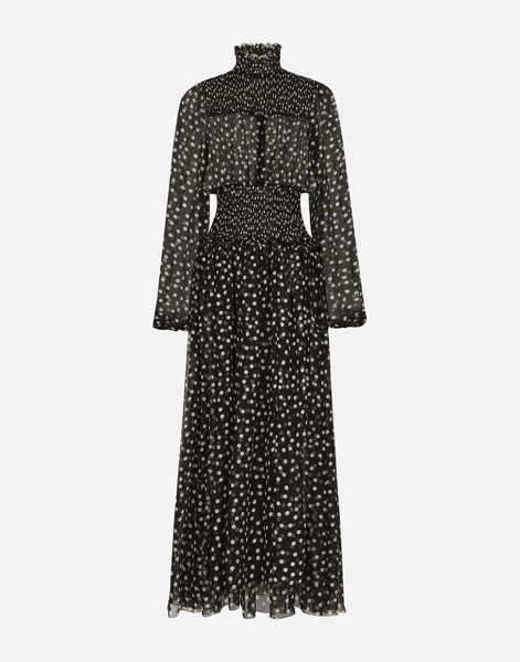  Dolce & Gabbana Chiffon Midi Dress With Smock Stitching And Micro-polka Dot Print - Femme Robes Imprimé 38 