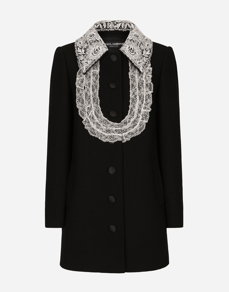  Dolce & Gabbana Manteau Court En Laine Avec Détails En Dentelle - Femme Manteaux Et Blousons Noir Laine 46 