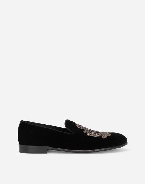  Dolce & Gabbana Slippers En Velours � Broderie Blason - Homme Drivers Et Mocassins Noir Velours 39.5 