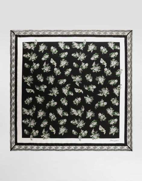  Dolce & Gabbana 90x90 Small Flower Bouquet-print Silk Twill Scarf With Lace Insert - Femme écharpes Et Foulards Multicolor Onesize 