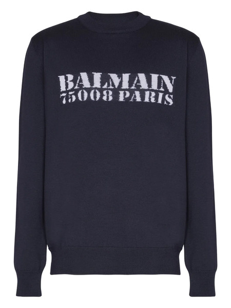  Balmain Pull En Maille à Logo Intarsia - Bleu 