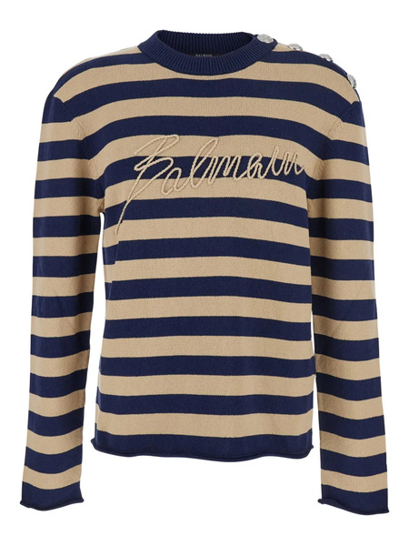  Balmain Pull Rayé à Logo Brodé - Marron 