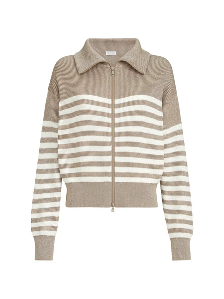  Brunello Cucinelli Cardigan à Côtes Anglaises Rayées En Coton Pétillant Avec Fermeture éclair Et Monili - Tons Neutres 