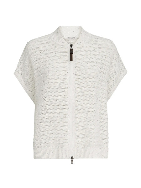  Brunello Cucinelli Cardigan En Fil De Lin Diamant Avec Rayures Ajourées Et Tirette Brillante - Blanc 
