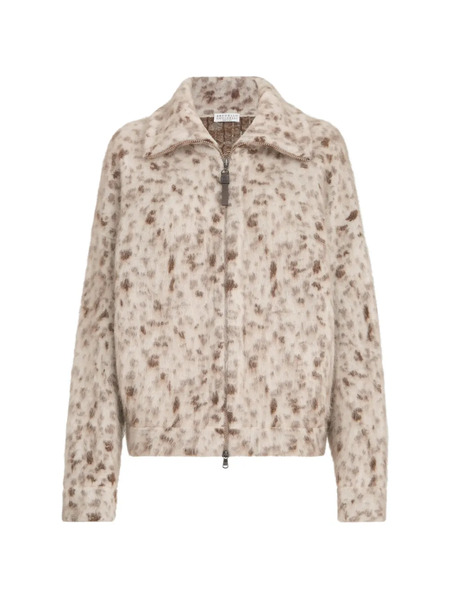  Brunello Cucinelli Cardigan En Jacquard Lynx En Mohair Et Laine Avec Fermeture à Glissière Brillante - Tons Neutres 