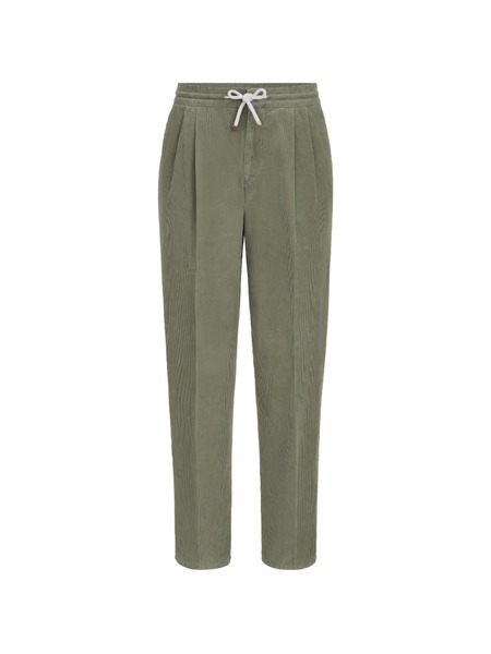  Brunello Cucinelli Garment-dyed Trousers In Cotton Narrow-wale Corduroy With Drawstring And Double Pleats - Vert 