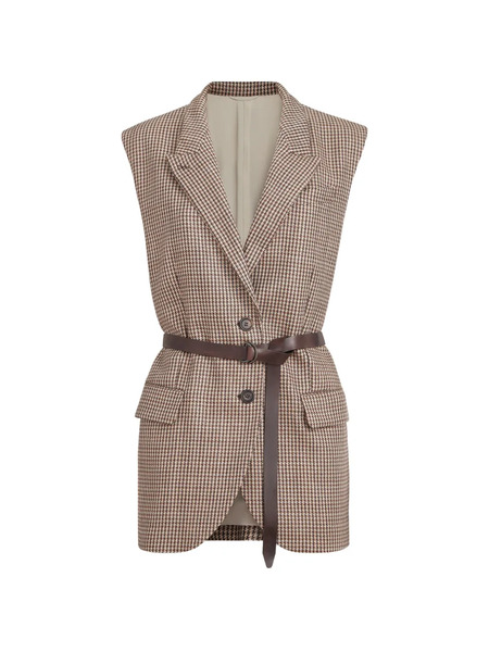 Brunello Cucinelli Gilet Pied De Poule En Laine Vierge Scintillante Avec Inserts En Cuir, Ceinture Et Monili - Tons Neutres 