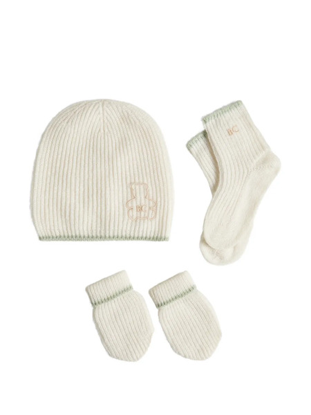  Brunello Cucinelli Kids Ensemble Bonnet, Gants Et Chaussettes Baby Bernie En Maille De Cachemire à Côtes Anglaises - Tons Neutres 