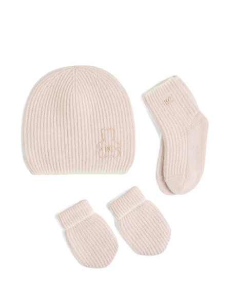  Brunello Cucinelli Kids Ensemble Bonnet, Gants Et Chaussettes Baby Bernie En Maille De Cachemire à Côtes Anglaises - Rose 