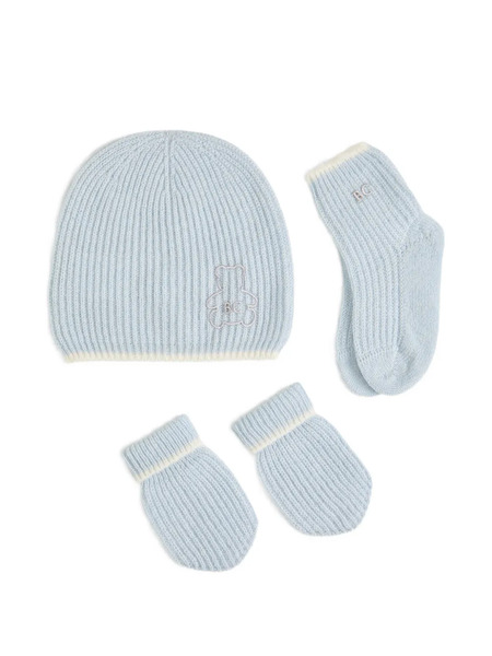  Brunello Cucinelli Kids Ensemble Bonnet, Gants Et Chaussettes Baby Bernie En Maille De Cachemire à Côtes Anglaises - Bleu 