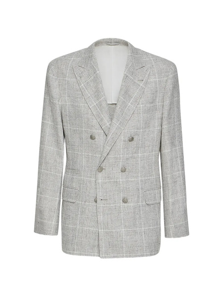  Brunello Cucinelli Linen Prince Of Wales One-and-a-half Breasted Deconstructed Blazer With Metal Buttons - Gris 