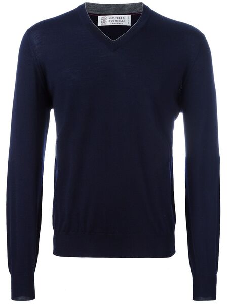  Brunello Cucinelli Pull Classique à Col V - Bleu 