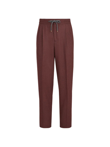  Brunello Cucinelli Virgin Wool And Cashmere Flannel Trousers With Drawstring And Double Pleats - Rouge 