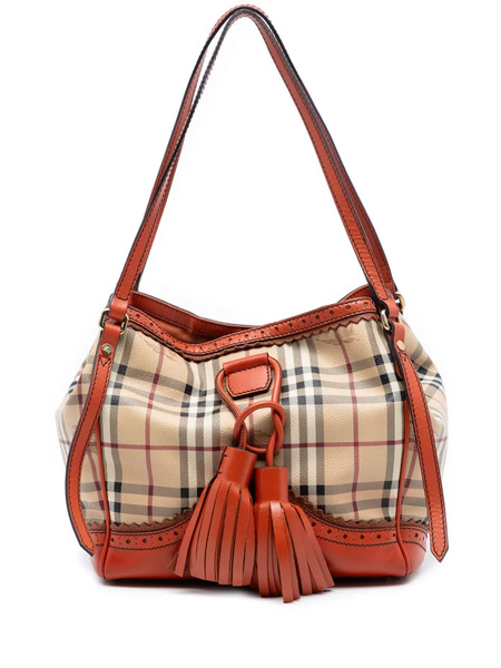  Burberry Pre-owned Petit Sac Cabas En Toile Enduite Haymarket Check à Perforations Et Pompons (2000-2017) - Orange 