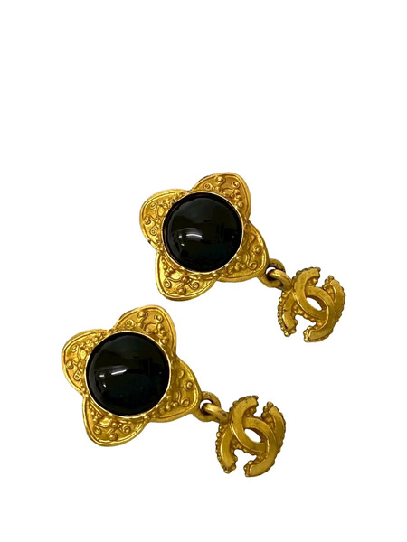  Chanel Pre-owned Boucles D'oreilles Fantaisie Pendantes Gripoix En Plaqué Or En Forme De Fleur à Logo Cc Et Fermoir Clip (1996) - Noir 
