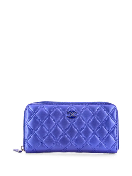  Chanel Pre-owned Double Stitch Zip Around Wallet Quilted Metallic Lambskin Long Small Wallets - Bleu 