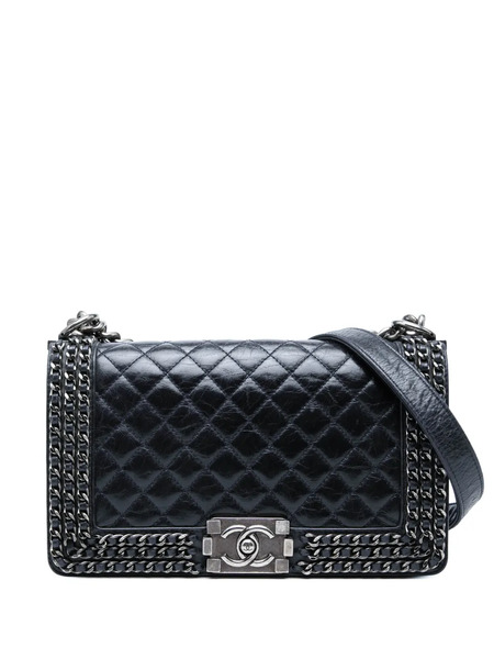  Chanel Pre-owned 2016-2017 Old Medium Quilted Glazed Calfskin Chain Around Boy Flap Crossbody Bag - Bleu 