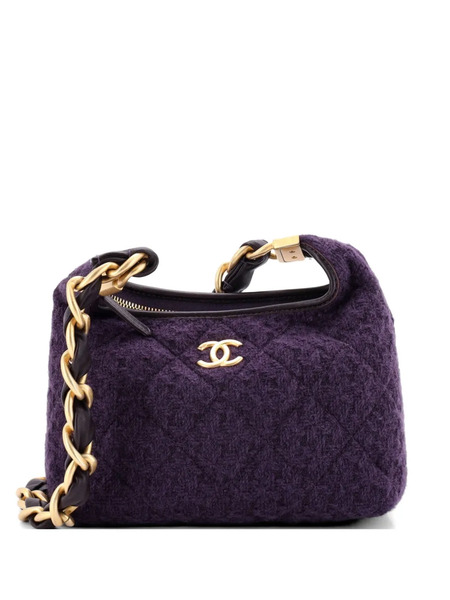  Chanel Pre-owned Petit Sac Porté épaule Zippé Et Matelassé En Tweed Et Cuir D'agneau à Logo Cc Et Grosse Chaîne - Violet 