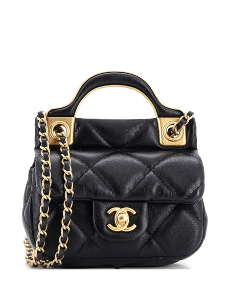  Chanel Pre-owned Pochette Matelassée Lady Handle Flap Card Holder On Chain En Cuir De Veau Matelassé - Noir 