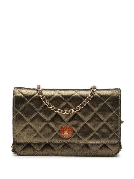  Chanel Pre-owned 2013-2014 Quilted Iridescent Lambskin Tartan Button Wallet On Chain Crossbody Bag - Or 