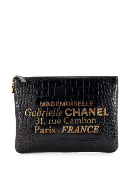  Chanel Pre-owned Signature O Case Pouch Printed Crocodile Embossed Calfskin Medium Clutch Bag - Noir 