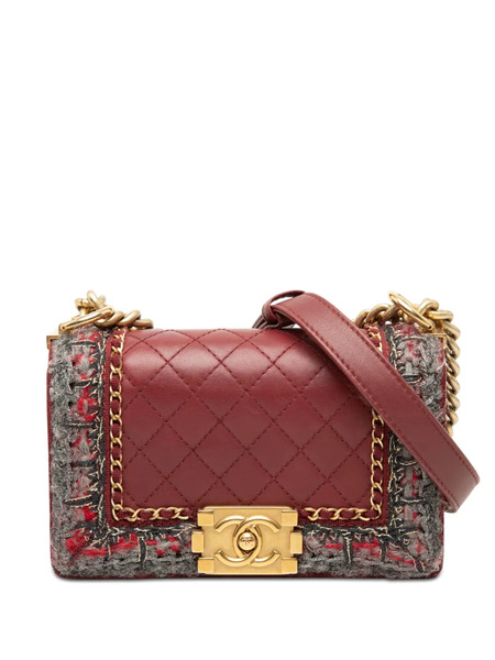  Chanel Pre-owned 2016-2017 Small Quilted Lambskin And Braided Tweed Jacket Boy Flap Crossbody Bag - Rouge 