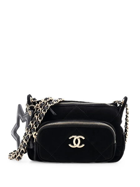  Chanel Pre-owned 25 With Chain Quilted Velvet Effect Nylon And Shiny Crumpled Calfskin Mini Clutch Bag - Noir 