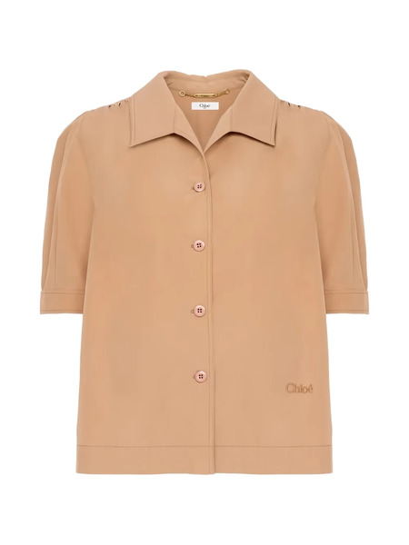  Chloé Logo-embroidered Gathered-sleeve Shirt - Marron 