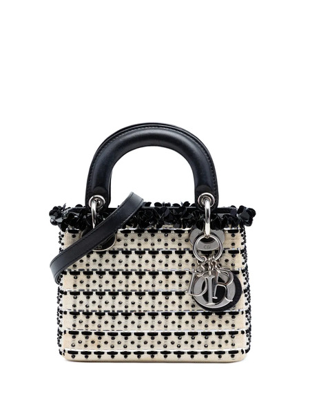  Christian Dior Pre-owned Mini Sac à Bandoulière Lady Dior En Toile à Perle Et Sequins (2014) - Blanc 