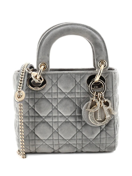 Christian Dior Pre-owned Sac Porté épaule Lady Dior Chain Bag Cannage Quilt Velvet With Crystal Charms Mini - Gris 