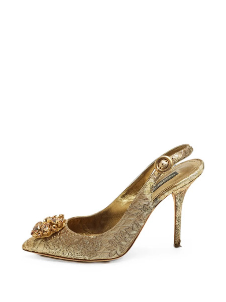  Dolce & Gabbana Pre-owned Dolce & Gabbana Size 40 Gold Brocade Fabric Crystal Embellished Pumps - Or 