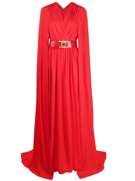  Elie Saab Robe Longue Ceinturée En Soie à Effet Cape - Rouge 