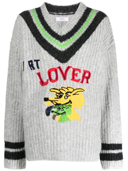  Erl Pull Brodé à Col V - Gris 