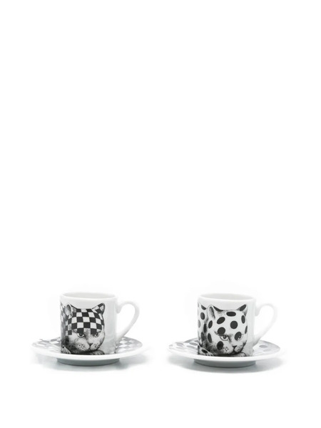  Fornasetti Lot De Deux Tasses High Fidelity à Imprimé Graphique - Blanc 