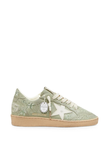  Golden Goose Ball Star In Sage-green Suede With White Leather Star And Tone-on-tone Swarovski Floral Embroidery Sneakers - Vert 