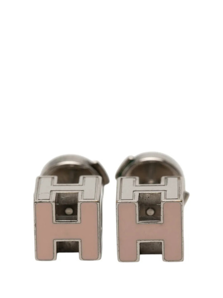  Hermès Pre-owned Boucles D'oreilles Fantaisie Cage D'h Cube En Plaqué Palladium Et émail à Fermoir Papillon (xxe Siècle) - Rose 