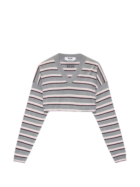  Msgm Pull Rayé à Col V - Gris 