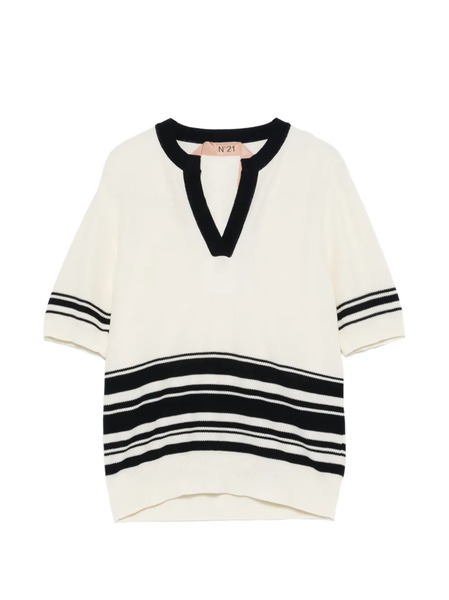  Nº21 Pull Rayé à Col V - Blanc 