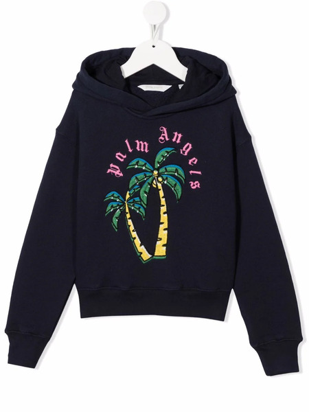  Palm Angels Kids Hoodie En Coton à Motif Palmier Brodé - Bleu 