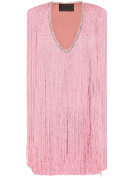  Philipp Plein Robe Courte Frangée à Col V - Rose 