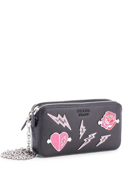  Prada Pre-owned Monochrome Double Zip Wallet On Chain Pin Embellished Saffiano Leather Crossbody Bag - Noir 