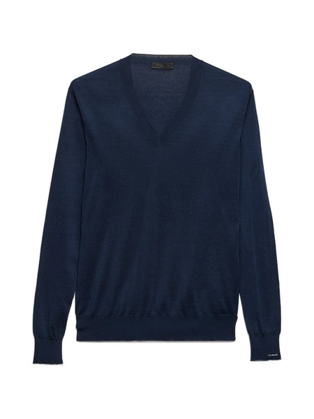  Prada Pull Côtelé à Col V - Bleu 