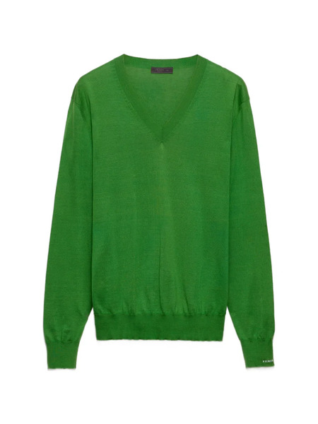  Prada Pull Côtelé à Col V - Vert 
