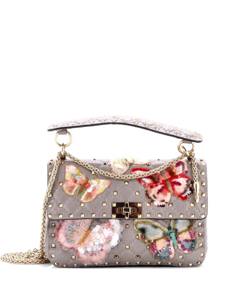  Valentino Garavani Pre-owned Sac Porté épaule Format Moyen à Rabat En Cuir Matelassé à Ornements En Sequins Et Clous Rockstud Spike - Gris 