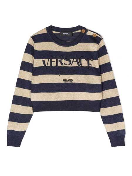  Versace Kids Pull Rayé à Logo Brodé - Bleu 