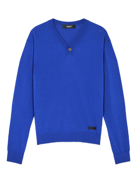  Versace Pull Boutonné à Col V - Bleu 