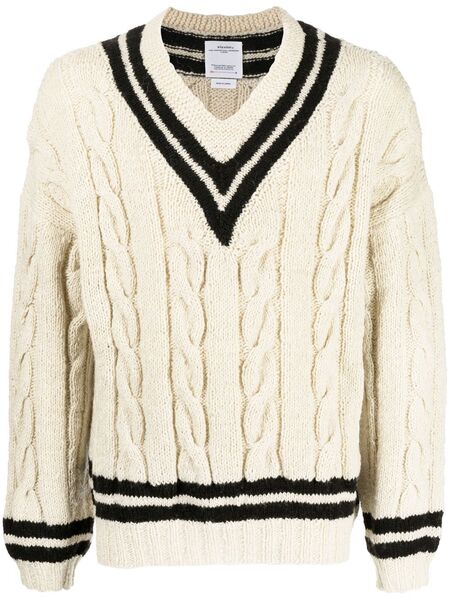  Visvim Pull En Maille Torsadée à Col V - Blanc 