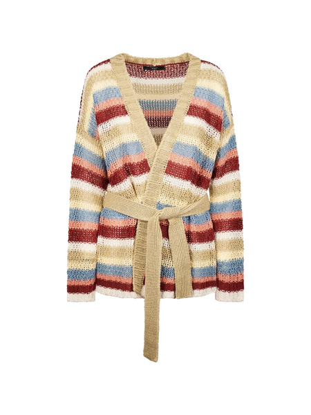  Weekend Max Mara Cardigan Ceinturé Yarn à Rayures - Tons Neutres 
