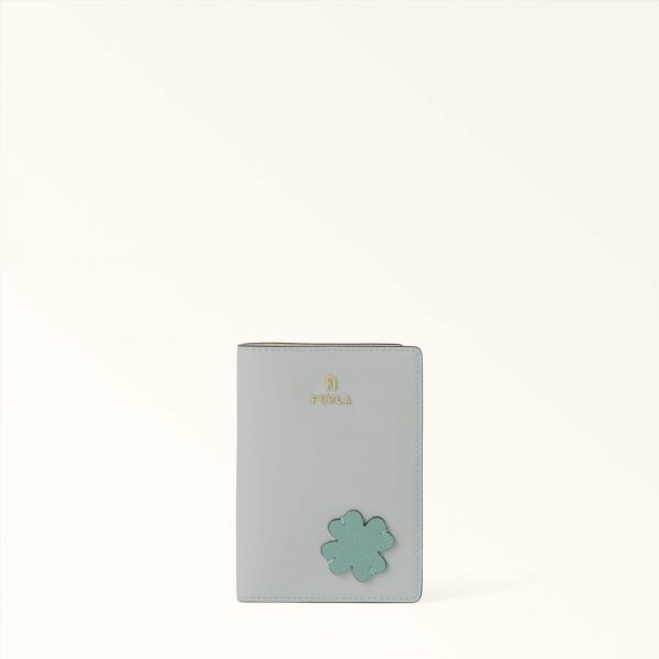 Furla Camelia Porte Passeport S Toni Nebbia Gray Bleu Cuir De Veau Sidney + Patch Trèfle à Quatre Feuilles Femme 